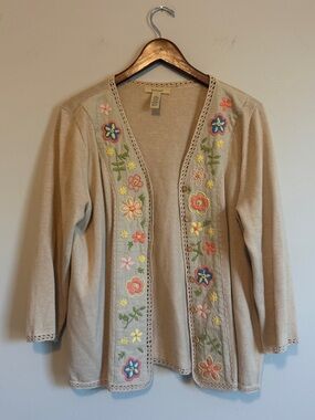 VTG Embroidered Floral Cardigan Sweater Women L Cotton Linen Spring Cottagecore